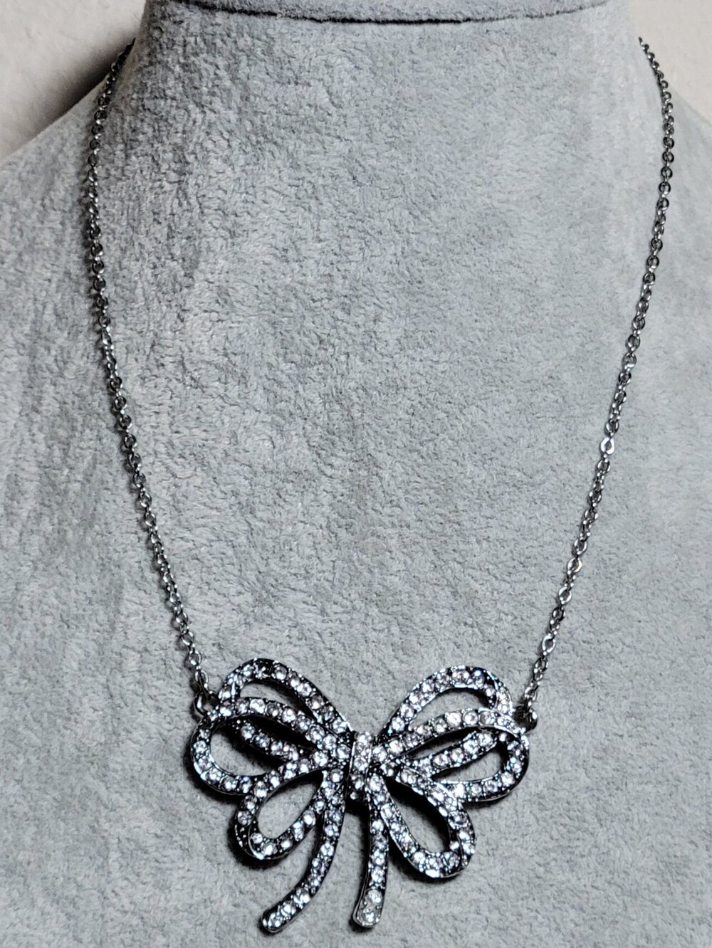 Vintage Cookie Lee Silver-Tone Rhinestone Bow Statement Necklace